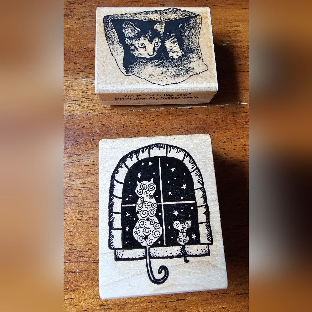 Set Of Two Whimsical Cat Wooden Rubber Stamps New Magenta & River City Works